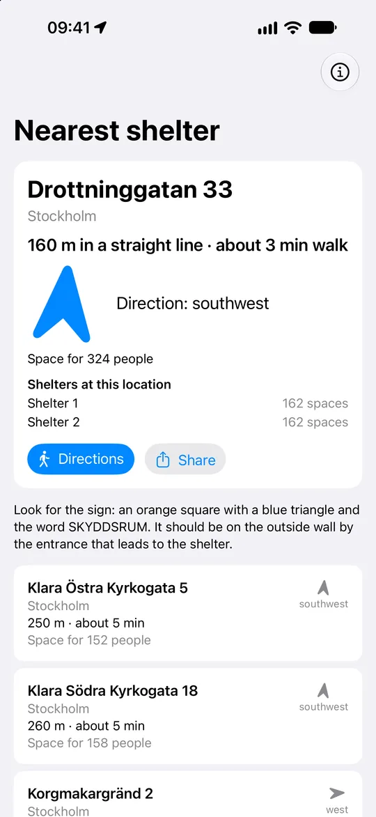 The app’s first screen: the nearest shelter with distance, walking time, direction and number of spaces, with more shelters below.