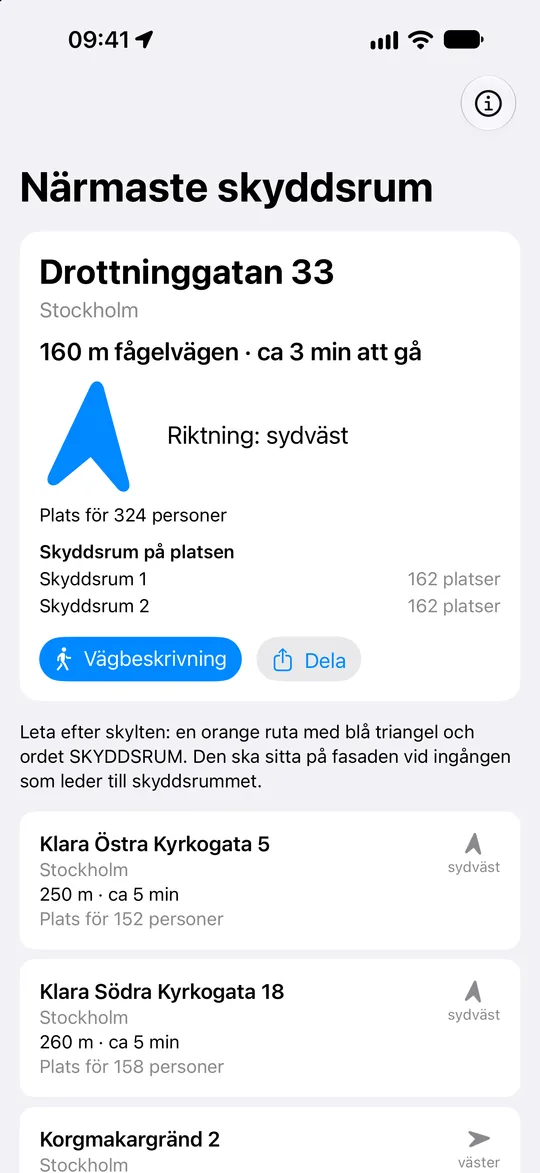 Appens första skärm: närmaste skyddsrum med avstånd, gångtid, riktning och antal platser, och fler skyddsrum under.
