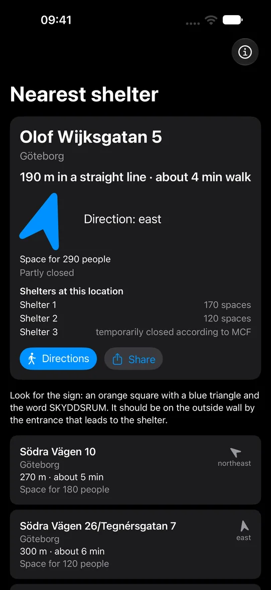 The app offline, in dark mode: distance and direction to the nearest shelter. One of the shelters at the location is temporarily closed according to MCF.