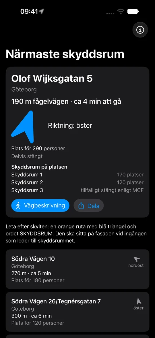 Appen utan nät, i mörkt läge: avstånd och riktning till närmaste skyddsrum. Ett av skyddsrummen på platsen är tillfälligt stängt enligt MCF.