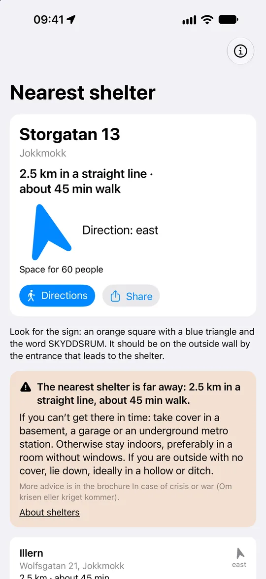 The nearest shelter is far away: 2.5 km in a straight line and about 45 min walk, with advice on other cover.