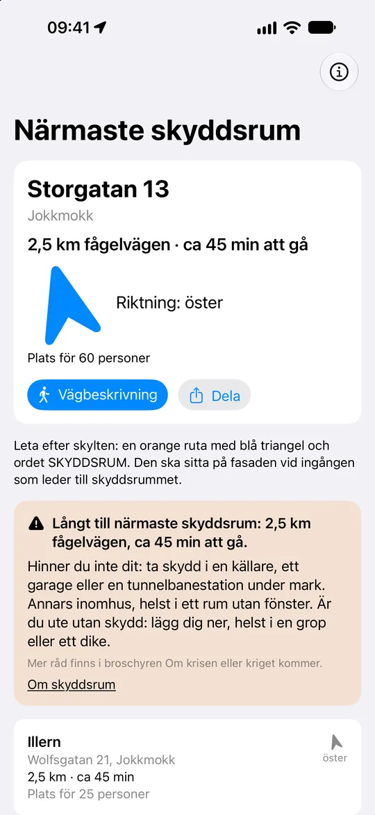 Långt till närmaste skyddsrum: 2,5 km fågelvägen och ca 45 min att gå, med råd om annat skydd.