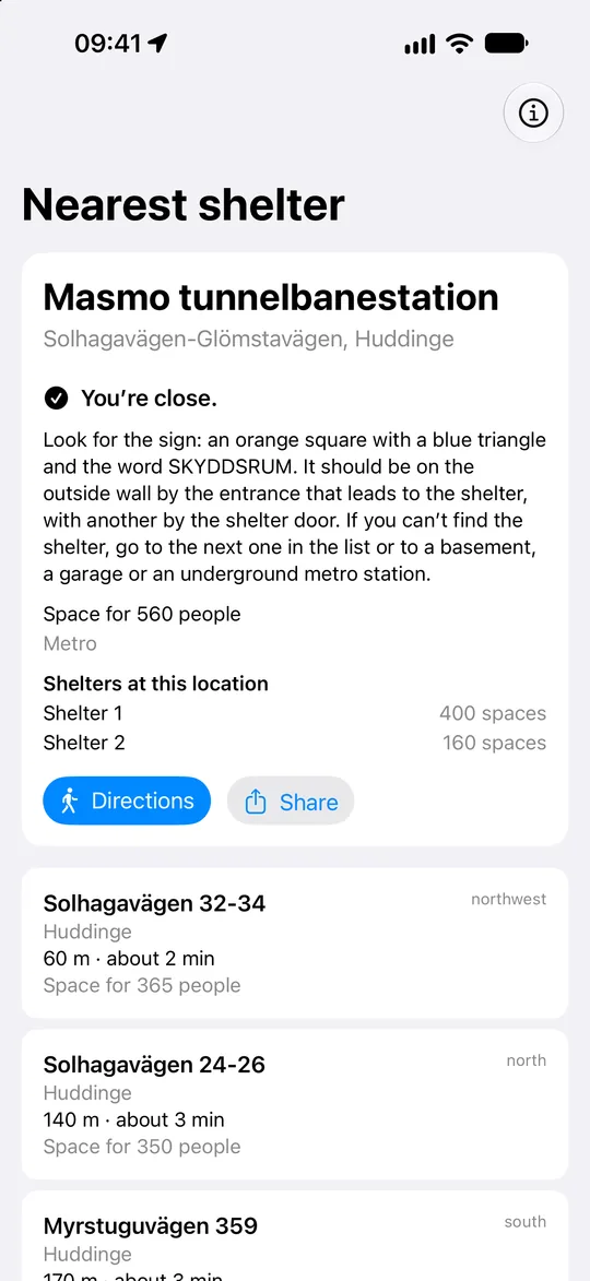 Close to the shelter: the app describes the sign at the entrance and what to do if you can’t find the shelter.