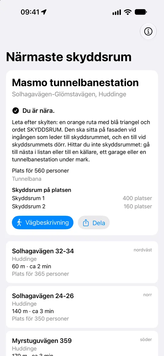 Nära skyddsrummet: appen beskriver skylten vid ingången och vad du gör om du inte hittar skyddsrummet.