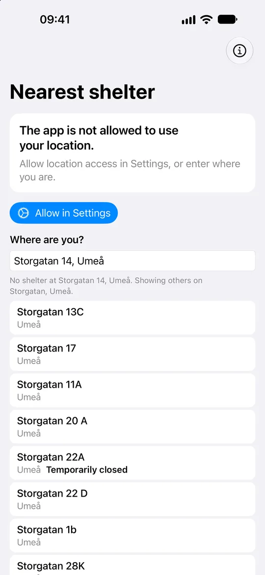 Searching for an address when the app can’t use your location, with the shelters on Storgatan in Umeå.