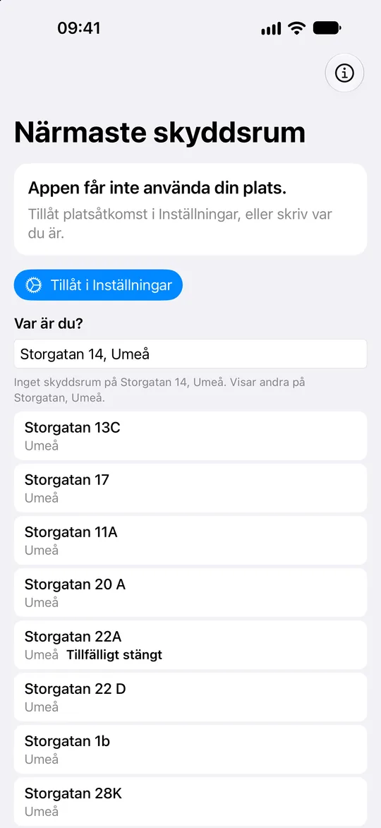 Sökning på en adress när appen inte får använda platsen, med skyddsrummen på Storgatan i Umeå.